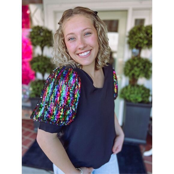 New Jodifl black puff sequin sleeves top size L - Picture 1 of 9